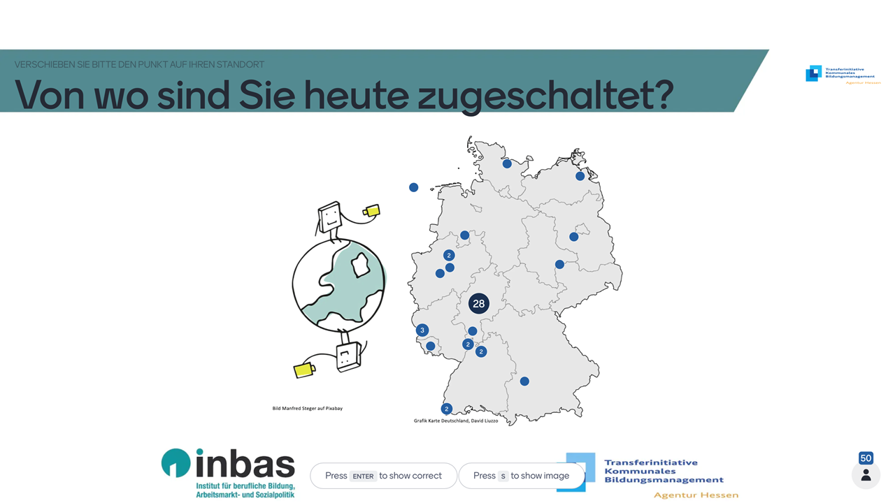 Gäste des Fachtags visualisieren auf einer Deutschlandkarte, von wo aus sie an der Veranstaltung teilnehmen.