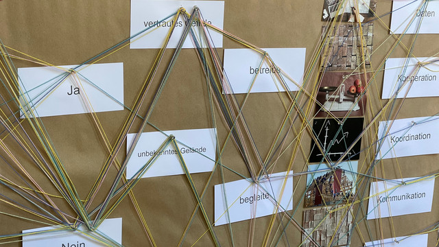 auf einer Pinwand sind verschieden farbige Fäden gespannt, die jeweilig zu bestimmten Antowrtkarten führen. Zu sehen sind die Antworten: Ja, nein, vertrautes Gefilde, unbekanntes Gelände, keins von beidem, betreibe, begleite, Daten, Kooperation, Koordination, KOmmunikation und Qualität. Außerdem führen die Fäden zu Bildern, die Assoziationsräume zu DKBM öffnen sollten. Bild: INBAS GmbH 