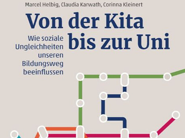 Dieses Bild zeigt die Titelseite eines Buches mit dem Titel "Von der Kita bis zur Uni", das sich mit dem Einfluss sozialer Ungleichheiten auf den Bildungsweg beschäftigt. Die Autoren sind Marcel Helbig, Claudia Karwath und Corinna Kleinert. Das Design verwendet eine stilisierte, farbige U-Bahn- oder Netzplangrafik als Metapher für die verschiedenen Wege und Verzweigungen im Bildungssystem, was die Komplexität und die möglichen Abweichungen der Lebensläufe visuell darstellt.