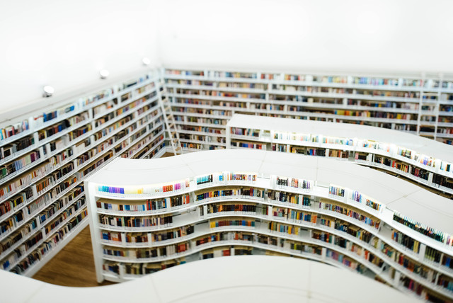 lange, geschwungene Bücherregale von oben gesehen