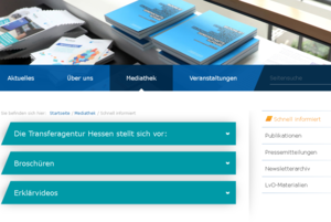 Schnappschuss auf die oberste Ebene der neuen Rubrik auf der Internetpräsenz der Transferagentur Hessen