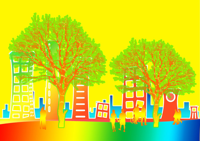 digital bearbeitete städtische Skyline mit Bäumen und vereinzelten Menschen