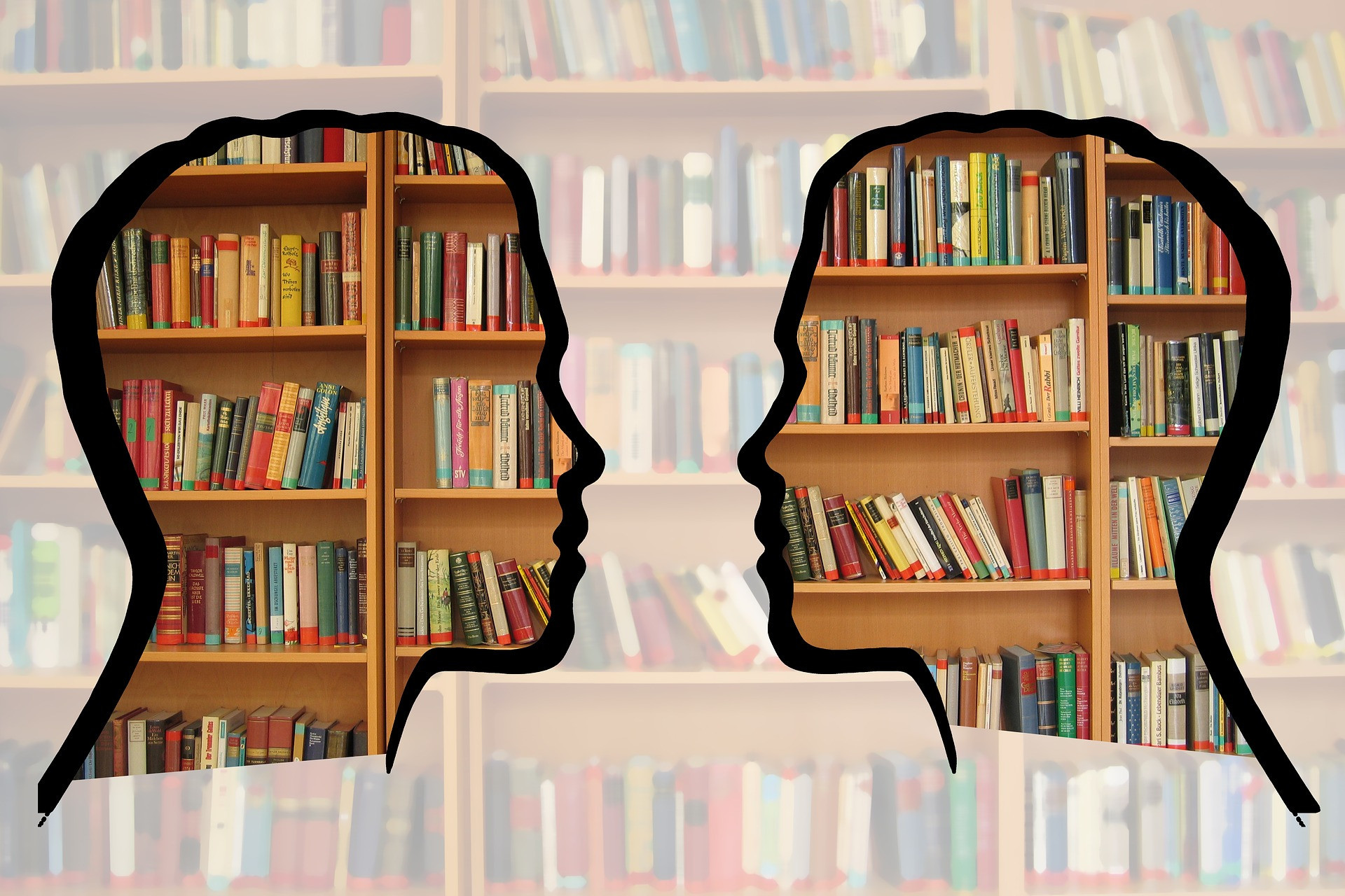 Fachgespräch III zwei einander zugewandte Silhouetten vor dem Hintergrund einer Bücherwand