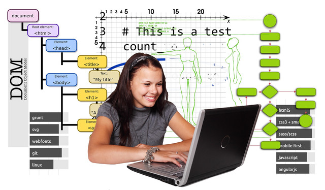 Junge Frau sitzt an einem Notebook und bewegt sich in einer digitalen Lernwelt.