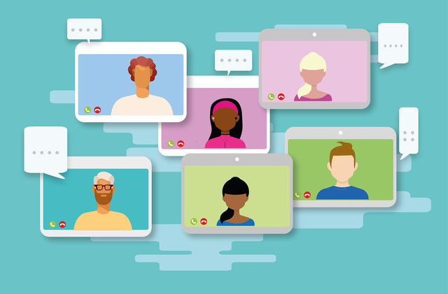 Zeichnung mit mehreren Bildschirmansichten von diversen Online-Konferenzteilnehmenden