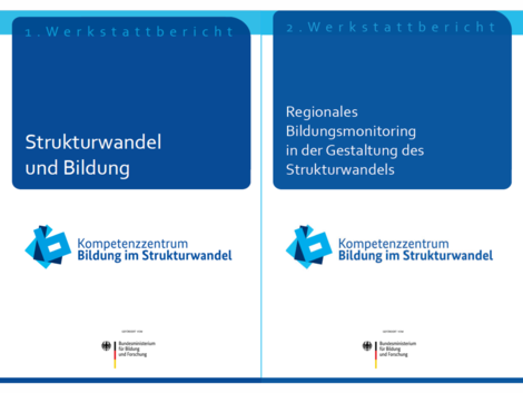 Die Titelseiten der Werkstattberichte eins „Strukturwandel und Bildung“ und zwei „Regionales Bildungsmonitoring in der Gestaltung des Strukturwandels“ des Kompetenzzentrums Bildung im Strukturwandel